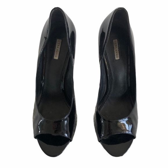Vera Wang Lavender Black Patent Peep Toe Heels - Picture 2 of 13